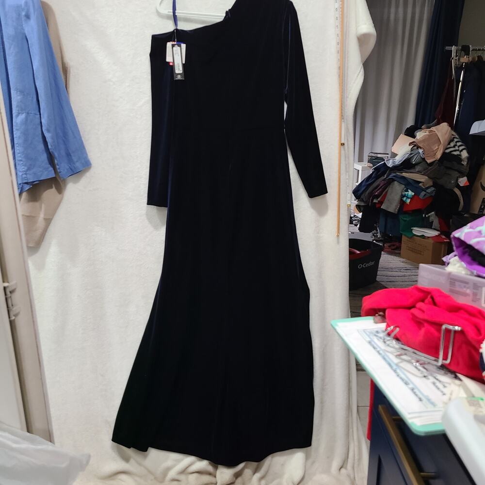 NWT Betsy & Adam Annette Velvet Drop Shoulder Evening Dress Size 14W Navy Velvet - Picture 9 of 9